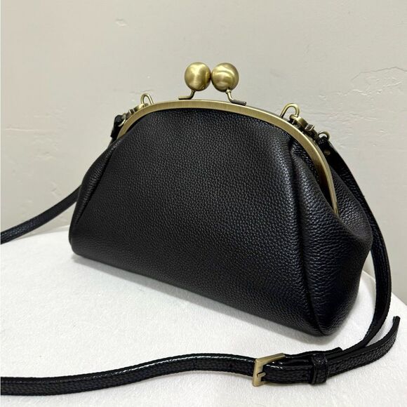 Black Togo Cowhide Leather Handmade Retro Style Kisslock Bag, Multi Use Style - Picture 8 of 16